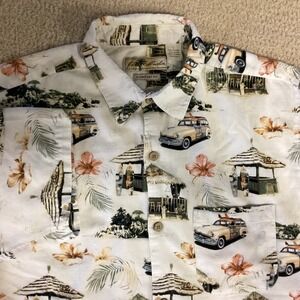 Joe Marlin Mens Large confort fit Tropical Woody wagon Tiki Hut Hawaiian Shirt